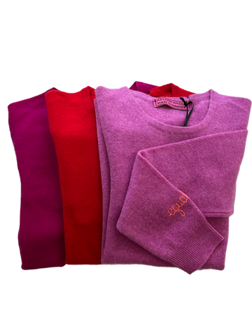 Our classic crew neck cashmere sweater *available in Black, H. Grey, H. Orchid, Fuchsia, H. Lagoon, Terra cotta and Navy-Personalized with any phrase you want!