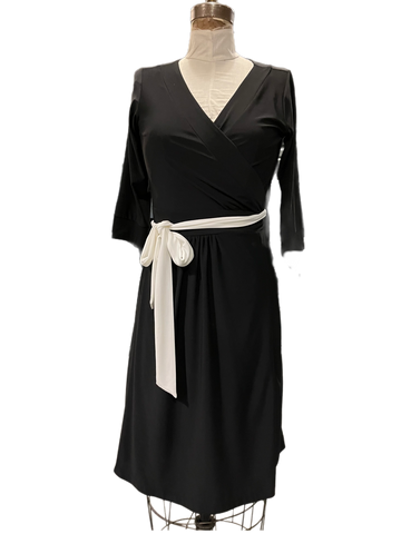 Wrap Jersey Dress with 3/4 sleeves- black with ivory trim