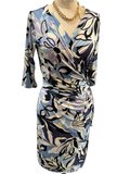 Blue swirl printed jersey wrap dress with 3/4 sleeves