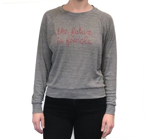 The future is female heather grey with red embroidery raglan t-shirt