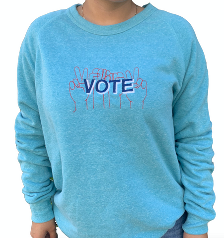 VOTE embroidered organic sweatshirt in heathered turquoise