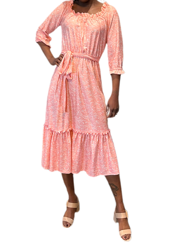 Ruffled Printed Dress with elastic waist and self belt in tiny pink flower print