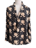 Tie neck pussy cat blouse in black floral silk