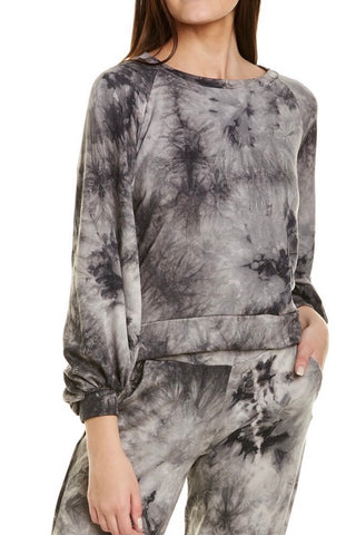 Squid ink tie dye print soft French terry jersey knit sweatshirt with gathered cuff detail