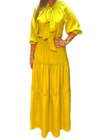 Silk Tie Neck Silk Dress in available in  chartreuse matte silk also available in navy, ivory, black and fuchsia