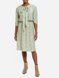 Tie neck with 3/4 Sleeve Green Floral Print Jersey Dress