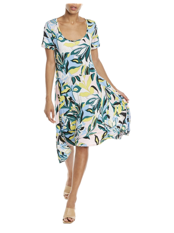 Green/Pink/Blue Swirl Floral Printed Jersey Fit and Flare Dress