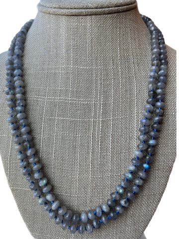 Labradorite smooth candy shape Beaded necklace hand knitted with Sapphire blue 14K yellow gold clasp