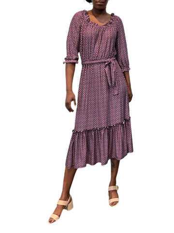 Ruffled Printed Dress with elastic waist and self belt in black/purple/pink tile print print