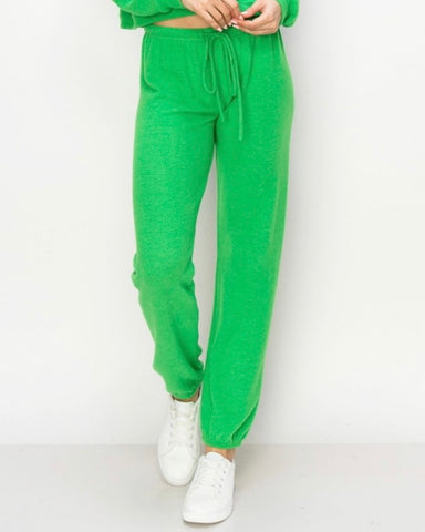 Lounge pants-brushed jersey with elastic drawstring pants with elastic at ankles in green our favorite color of the season