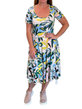 Green/Pink/Blue Swirl Floral Printed Jersey Fit and Flare Dress