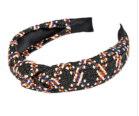 Multi abstract check bow top knot raffia headband