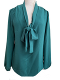 Tie neck pussy cat blouse in emerald green silk