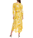 Ruffled Printed Dress with elastic waist and self belt in black and golden yellow scroll print print