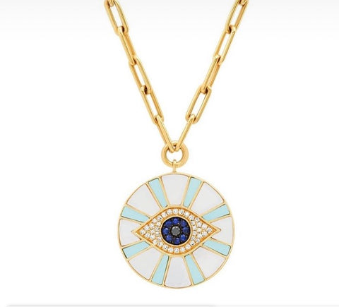 Mother of pearl, Turquoise and diamond evil eye on chain necklace